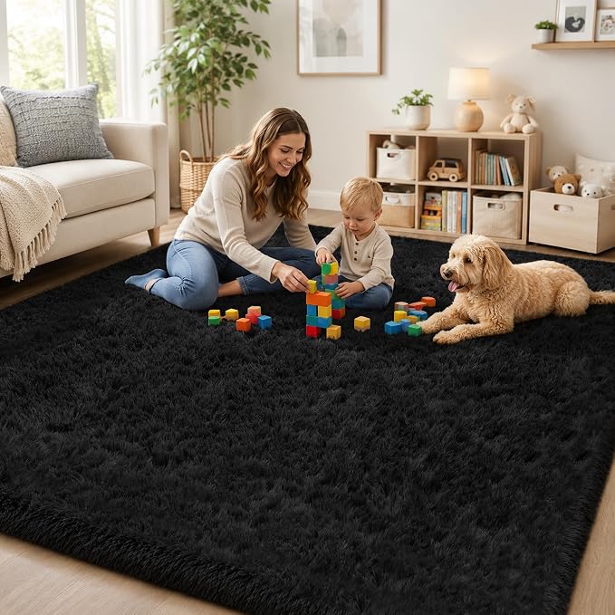 Area Rug for Living Room Bedroom: 5x7 Black Soft Fluffy Shag Upgrade Non-Slip - Image 9