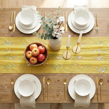 Artoid Mode Wildflower Floral Yellow Gauze Embroidery Table Runner 120 Inch 10FT - Image 5