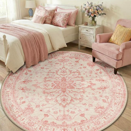 RELEANY Area Rugs Round 6ft Washable Non-Slip, Floral Vintage Distress - Image 3
