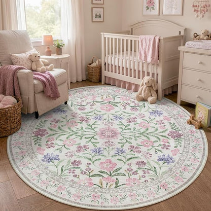 Wonnitar Floral Purple Round Area Rug 5ft, Soft Washable Kids Room Rug - Image 2
