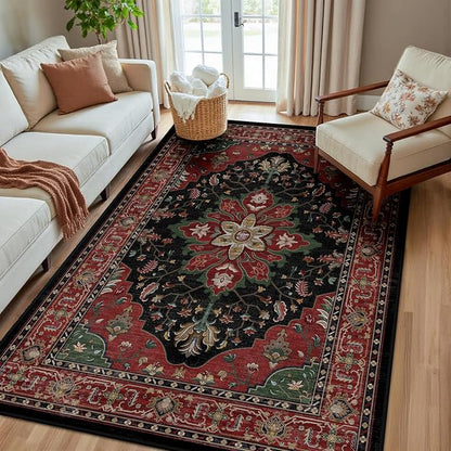 RELEANY Area Rugs 5'x8' Washable Non-Slip, Floral Vintage Distress Medallion by RELEANY