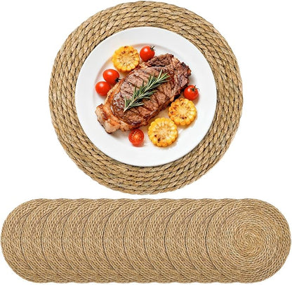 Set of 12 Round Woven Placemats, 13 Inch Rattan Chargers by Unknown