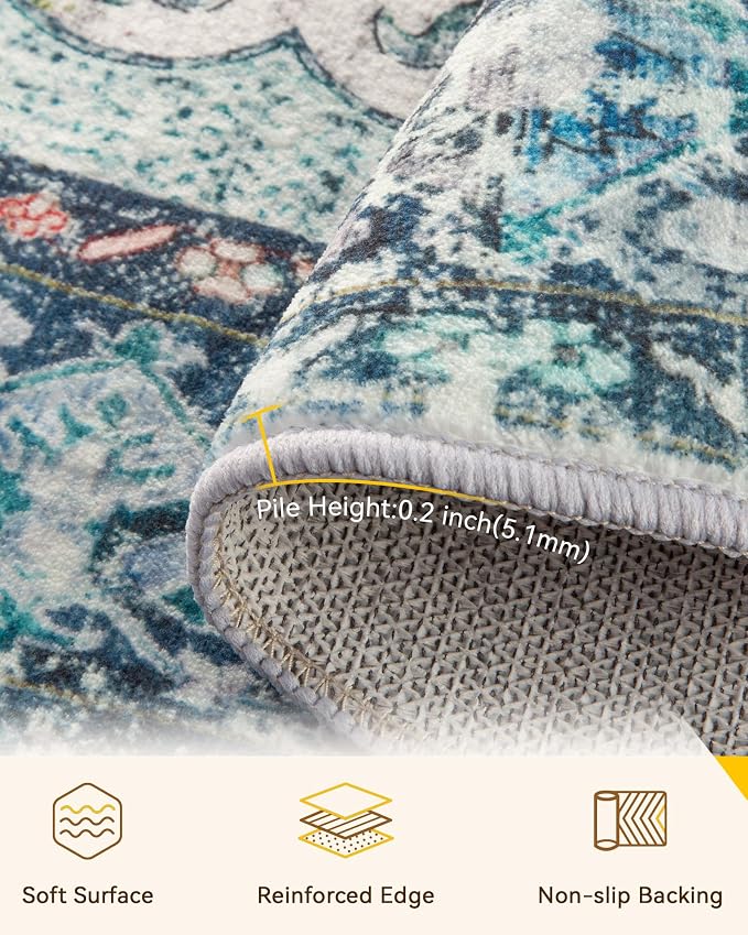 RELEANY Area Rugs Round 10ft Washable Non-Slip, Floral Vintage Distress - Image 4