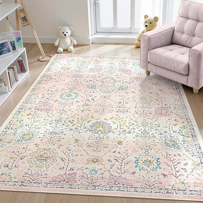 Lahome Pink Rug for Girls Bedroom 5x7, Soft Washable Floral Area Rug, Boho Non by Lahome