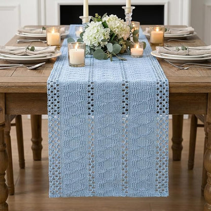 Artoid Mode Sky Blue Woven Farmhouse Hollow Table Runner 12x72 Inch | Holiday - Image 3