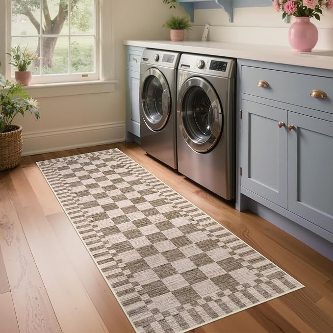 GarveeHome 2×6 Kitchen Runner Rug Non Slip Brown Checkered Rug, Washable Runner - Image 2