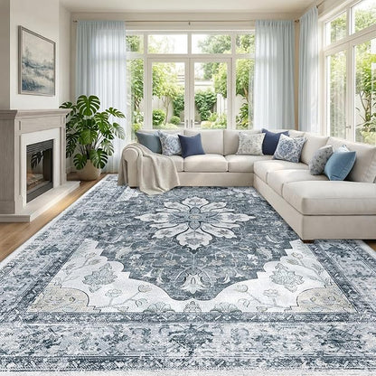 RELEANY Area Rugs Large 9'x12' Washable Non-Slip, Floral Vintage Distress by RELEANY