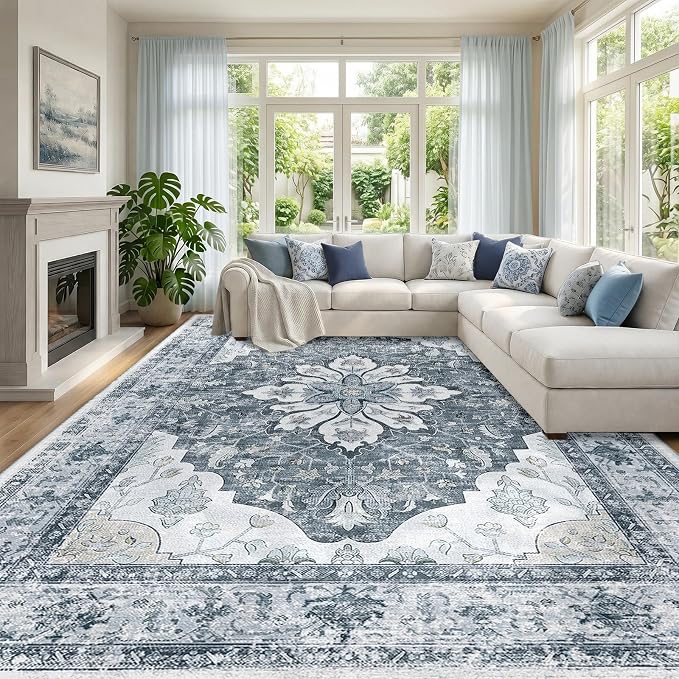 RELEANY Area Rugs Large 10'x12' Washable Non-Slip, Floral Vintage Distress by RELEANY