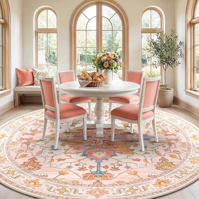 RELEANY Area Rugs Round 8ft Washable Non-Slip, Floral Vintage Distress - Image 2