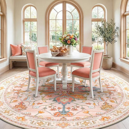 RELEANY Area Rugs Round 8ft Washable Non-Slip, Floral Vintage Distress - Image 2