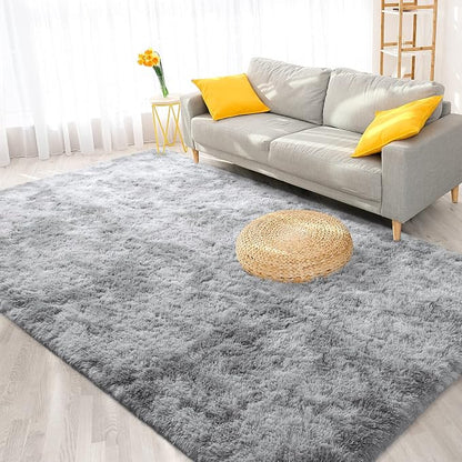 FlyDOIT Large Area Rugs for Living Room, 5x8 Feet Tie-Dyed Light Grey Shaggy - Image 8
