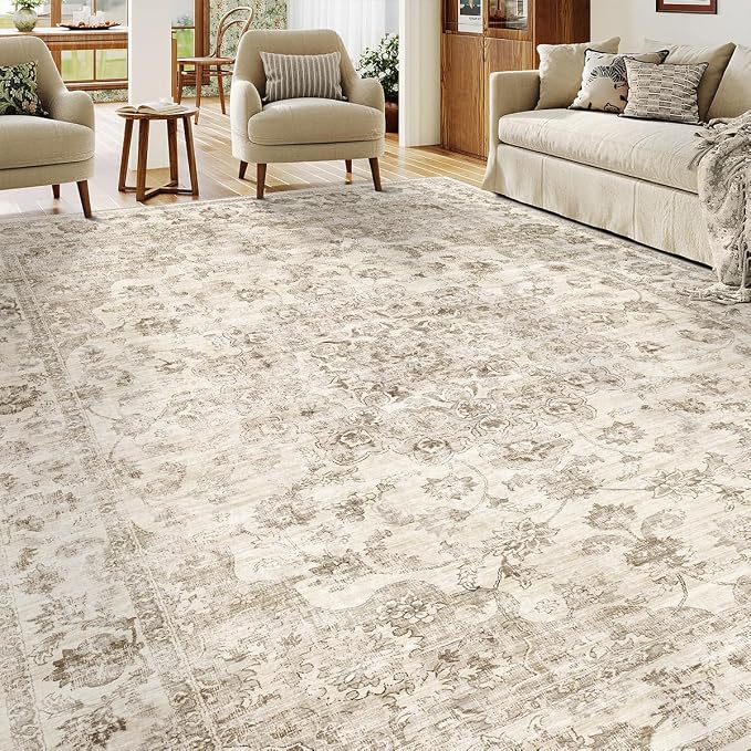 10x14 Neutral Area Rug Beige Vintage Living Room Bedroom Washable Carpet - Image 3