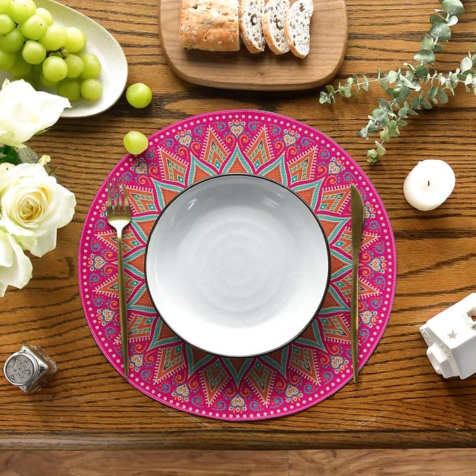 Artoid Mode Pink Yellow Mandala Round Placemats Set of 6, 14 Inch Seasonal - Image 2