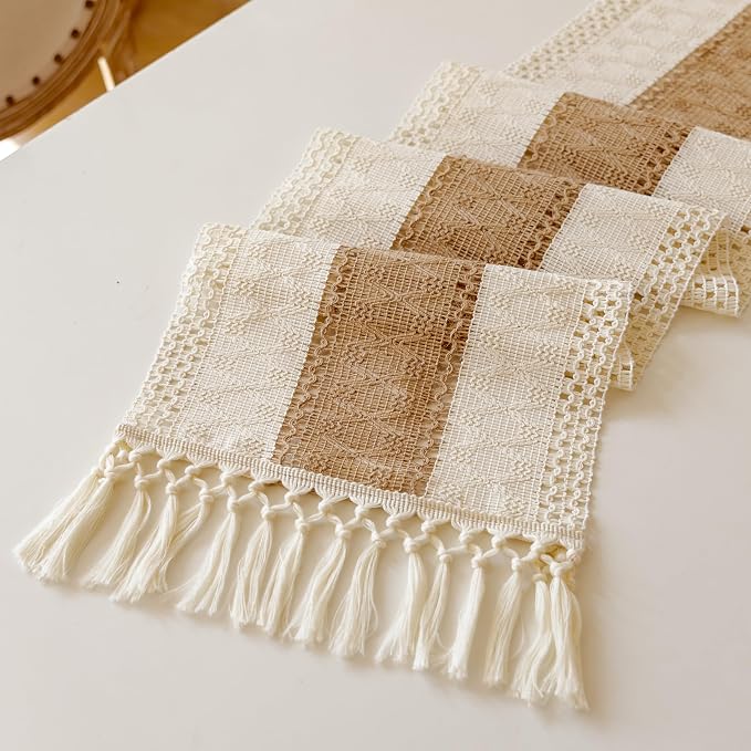 EMMTEEY Boho Table Runner with Tassels 36 Inches Long, Cream Brown | Handmade - Image 6