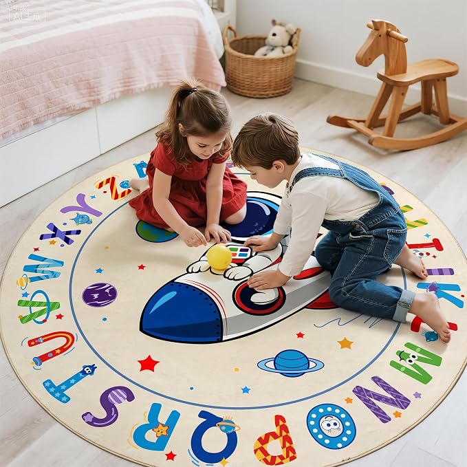 ABC Kids Alphabet Round Rug 4ft, Washable Soft Circle Nursery Rug, Non-Slip - Image 3