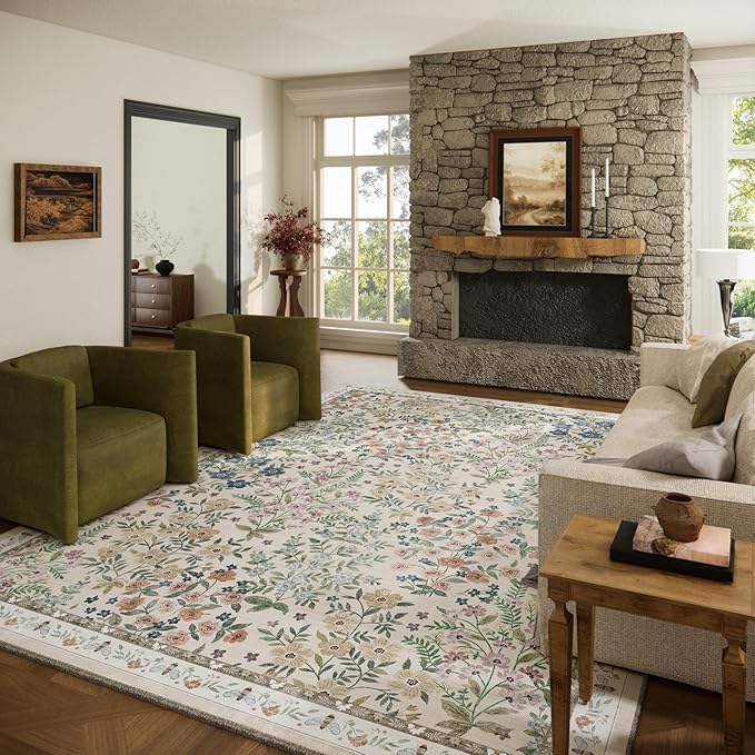 Machine Washable Rugs for Living Room: 8x10 Area Rugs for Bedroom Floral Non by palohom