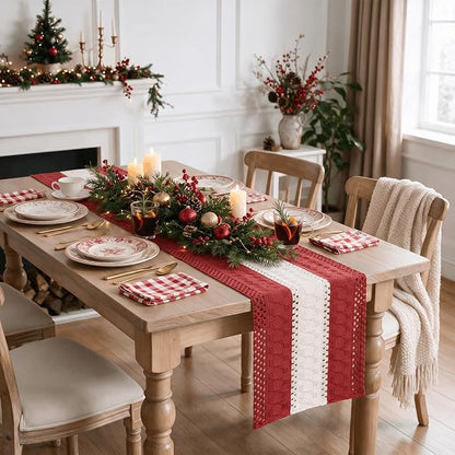 Artoid Mode Rose Red Farmhouse Woven Table Runner 12x36 Inch | Holiday Rustic - Image 6