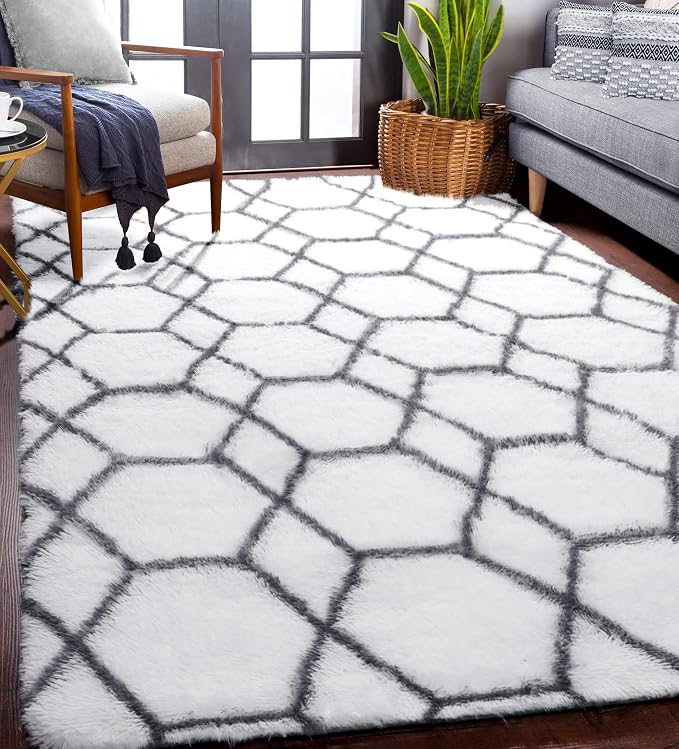 ONASAR Area Rugs for Living Room, 5x8 Fluffy White and Grey Rug for Bedroom - Image 5