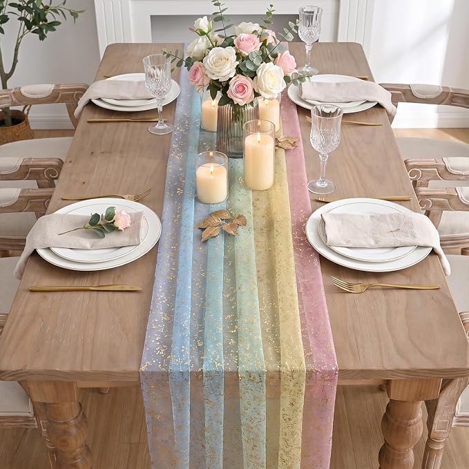 Artoid Mode 3-Pack Gold Gauze Table Runner 120 Inch 10FT, Rainbow Glitter - Image 3