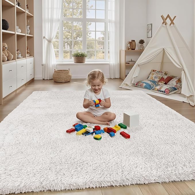 Area Rug for Living Room Bedroom: 6x9 White Soft Fluffy Shag Upgrade Non-Slip - Image 4