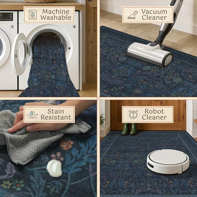 Washable 2x4 Entryway Rugs, Oriental Floral Small Blue Kitchen Rugs, Thin - Image 4
