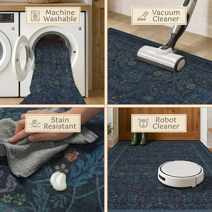 Washable 2x4 Entryway Rugs, Oriental Floral Small Blue Kitchen Rugs, Thin - Image 4