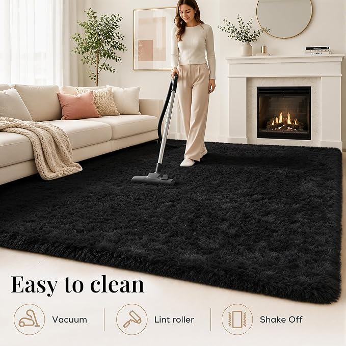 Area Rug for Living Room Bedroom: 9x12 Black Soft Fluffy Shag Upgrade Non-Slip - Image 8