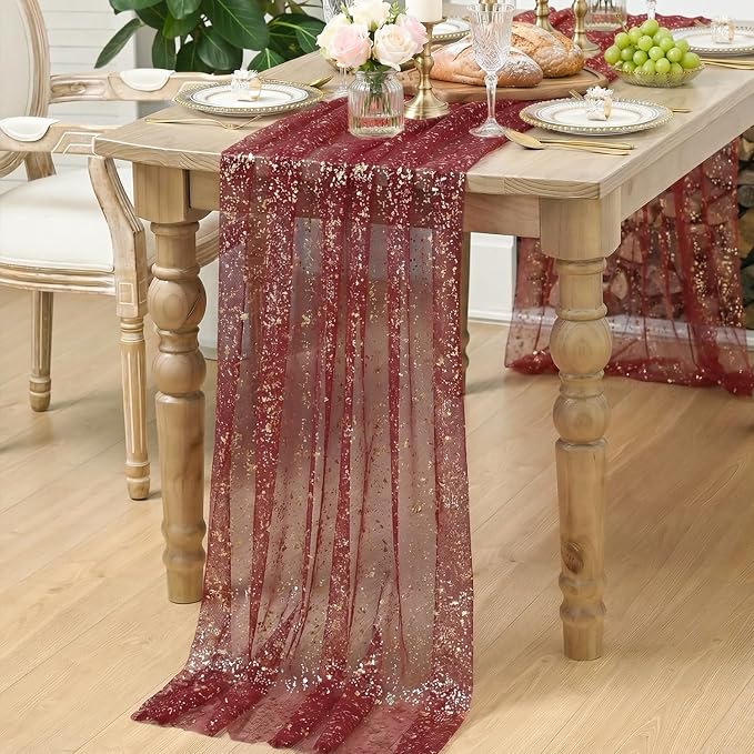 Artoid Mode 6PC Burgundy Gold Gauze Table Runner 120 Inch 10FT, Glitter - Image 7