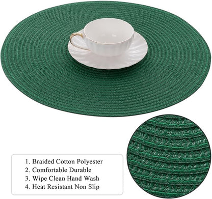SHACOS Dark Green Round Placemats Set of 6 Cotton Polyester Braided 15 inch - Image 2
