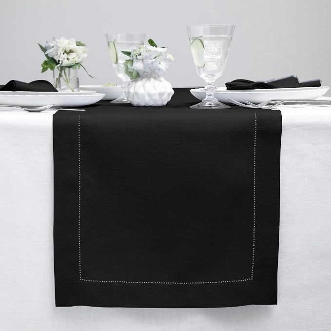 Solino Home 100% Linen Table Runner Black, Classic Hemstitch 14 x 120 in | by SolinoHome