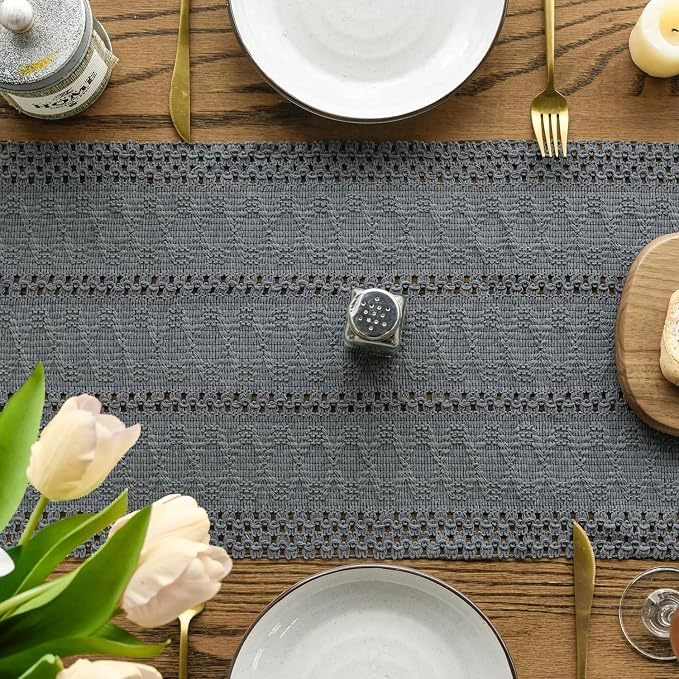Artoid Mode Dark Grey Woven Farmhouse Hollow Table Runner 12x108 Inch | Holiday - Image 4
