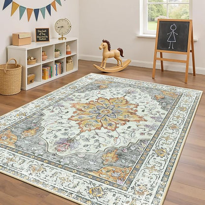 RELEANY Area Rugs 5'x7' Washable Non-Slip, Floral Vintage Distress Medallion - Image 3