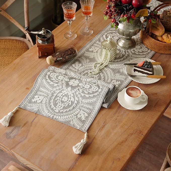 Coffee Table Runner Embroidered Boho Dresser Scarf, 4 Tassel Pendants, Layered by ARTBLOSS