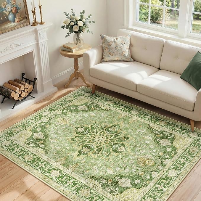 RELEANY Area Rugs 4'x6' Washable Non-Slip, Floral Vintage Distress Medallion by RELEANY