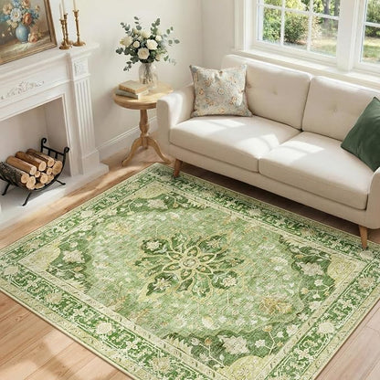RELEANY Area Rugs 4'x6' Washable Non-Slip, Floral Vintage Distress Medallion by RELEANY