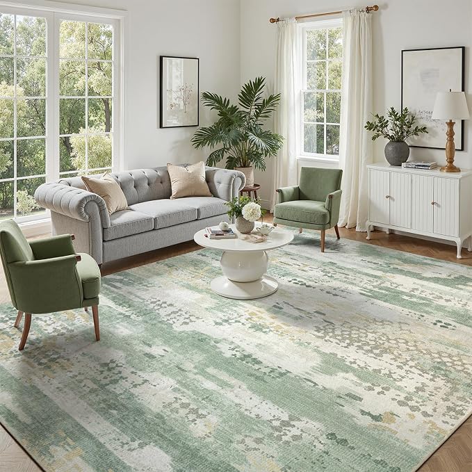 DCX Abstract Area Rug 8x10, Washable Sage Green Modern Rug by DCXWashableRug