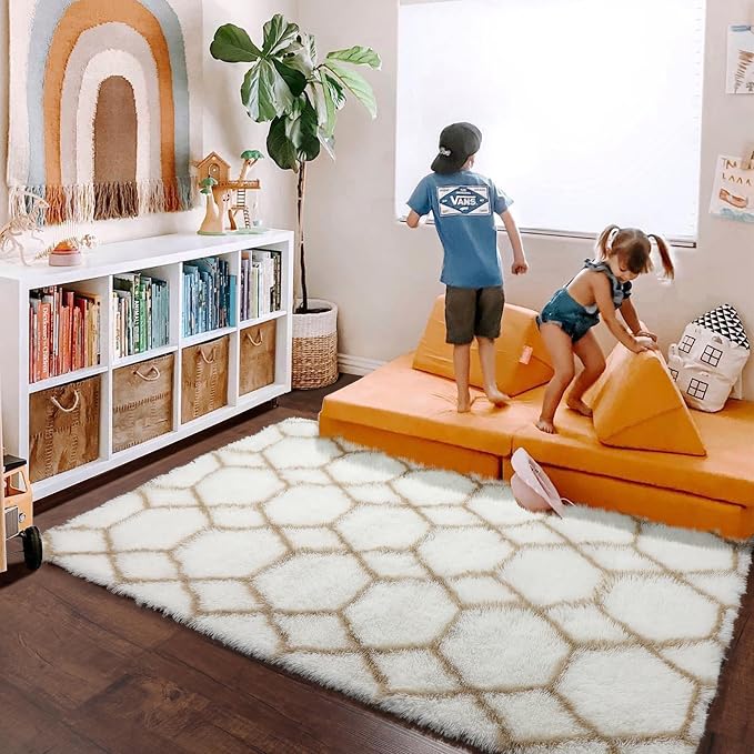 ONASAR 5x7 Area Rugs for Living Room Bedroom, Fluffy White and Beige Faux Fur - Image 9