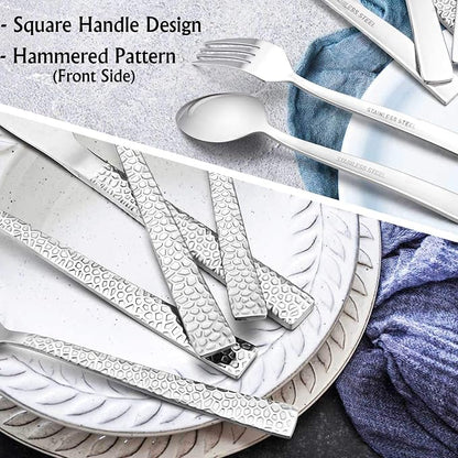 E-far 20-Piece Hammered Silverware Set, Stainless Steel Square Flatware Set - Image 4