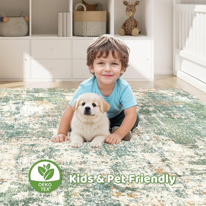 Area Rugs 9x12 Living Room: Washable Large Abstract Soft Green Rug Stain - Image 7