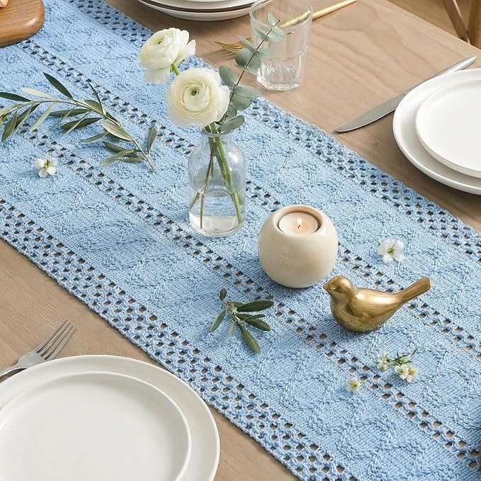 Artoid Mode Sky Blue Woven Farmhouse Hollow Table Runner 12x120 Inch | Holiday - Image 5