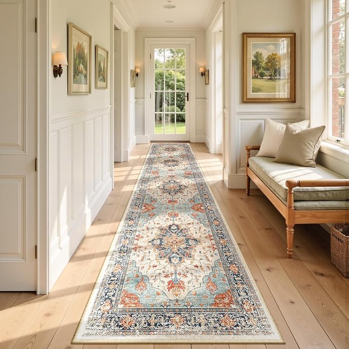 RELEANY Area Rugs Runner 3'x12' Washable Non-Slip, Floral Vintage Distress by RELEANY