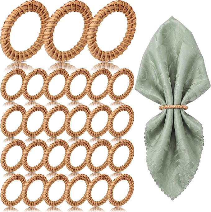 100 Pcs Boho Woven Rattan Napkin Rings Bulk Rustic Style Round Dining Table by Ferrochef