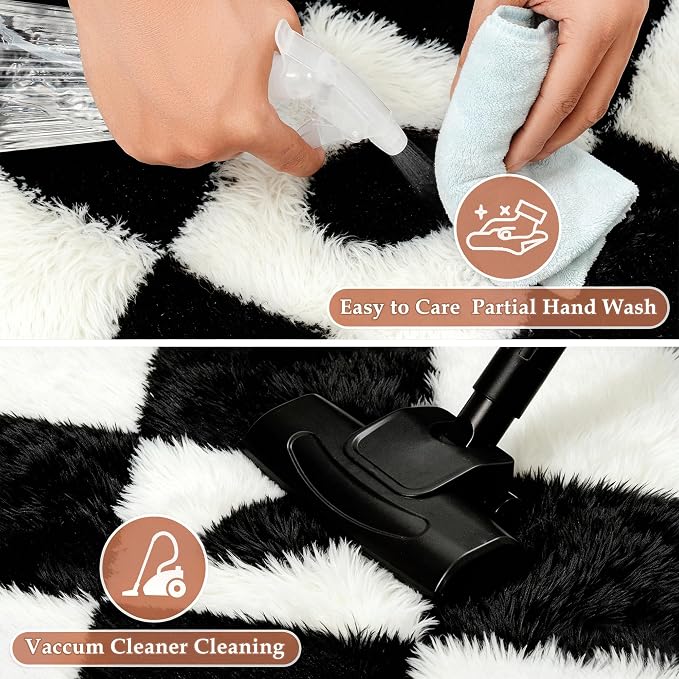 PureCozy Checkered Rug 5x8 Fluffy Shag Living Room Black and White Area Rug - Image 5