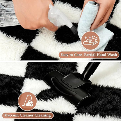 PureCozy Checkered Rug 5x8 Fluffy Shag Living Room Black and White Area Rug - Image 5