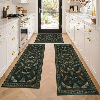 JTJ Botanical Insect Kitchen Rug Set of 3, Dark Green Nature Inspired Floor Mats - Image 8