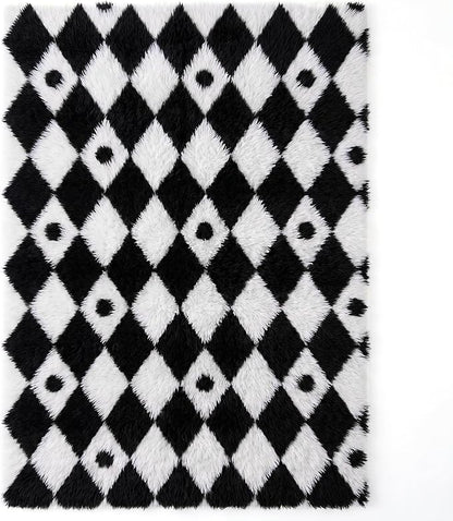 PureCozy Checkered Rug 5x8 Fluffy Shag Living Room Black and White Area Rug - Image 7