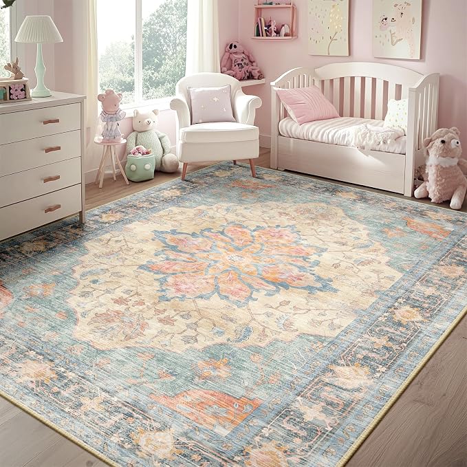 RELEANY Area Rugs 5'x7' Washable Non-Slip, Floral Vintage Distress Medallion by RELEANY