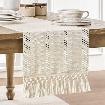Macrame Style Boho Table Runner, 12x108 Inch Ivory | Woven Boho Table Runner by ZEEMARTONLINE