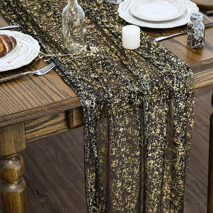 Artoid Mode Black Gold Gauze Table Runner 120 Inch 10Pcs, Glitter Metallic Foil by ArtoidMode
