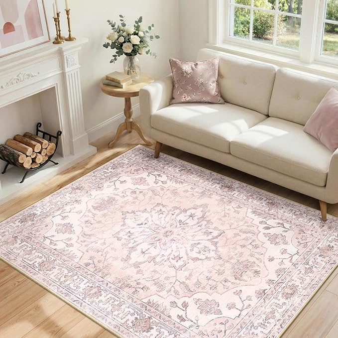 RELEANY Area Rugs 4'x5' Washable Non-Slip, Floral Vintage Distress Medallion by RELEANY